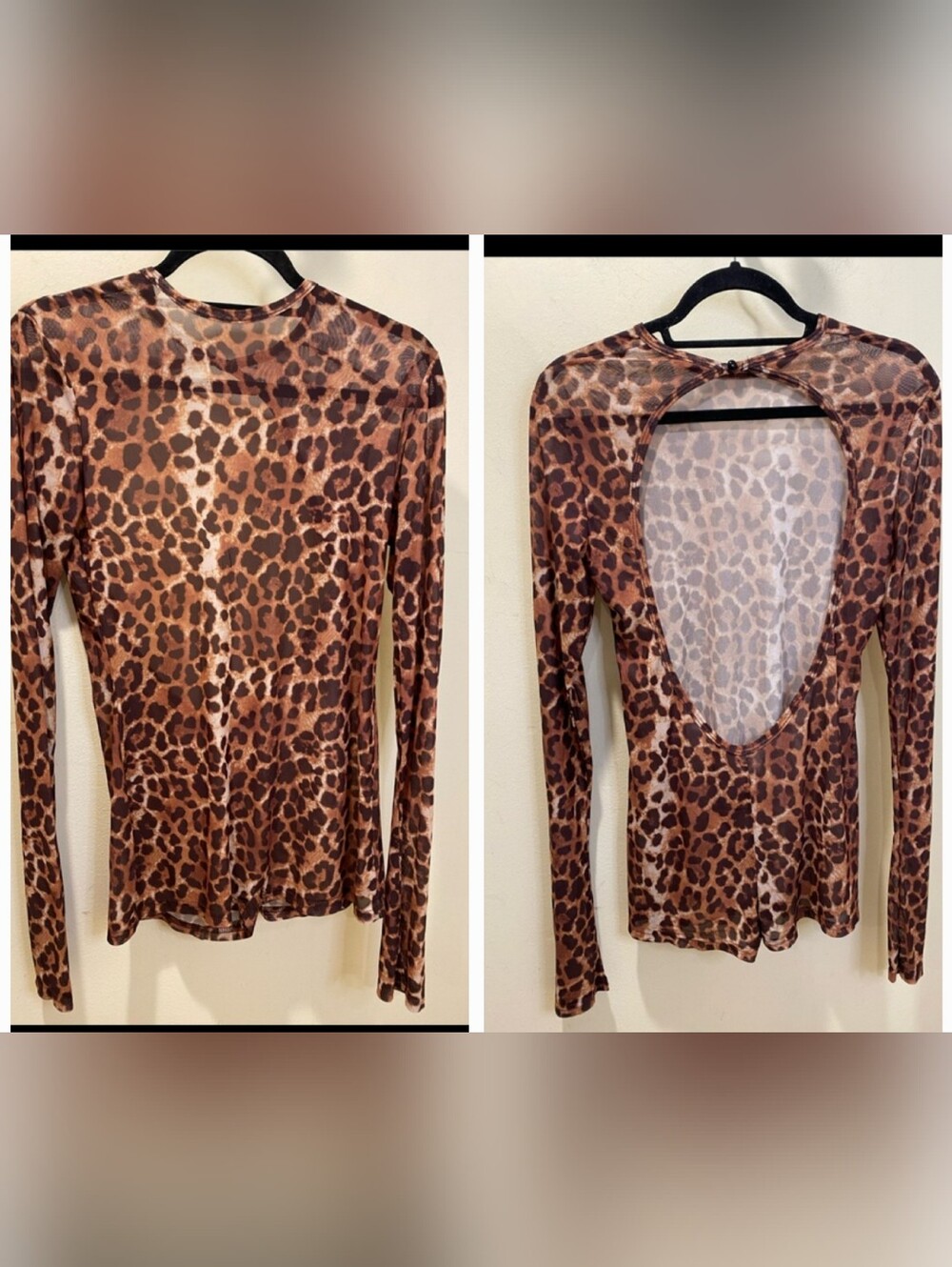 Leopard Print Long-Sleeve Mesh Fitted Romper Sz L